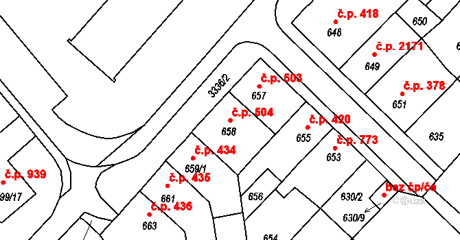 Pelhřimov 504 na parcele st. 658 v KÚ Pelhřimov, Katastrální mapa
