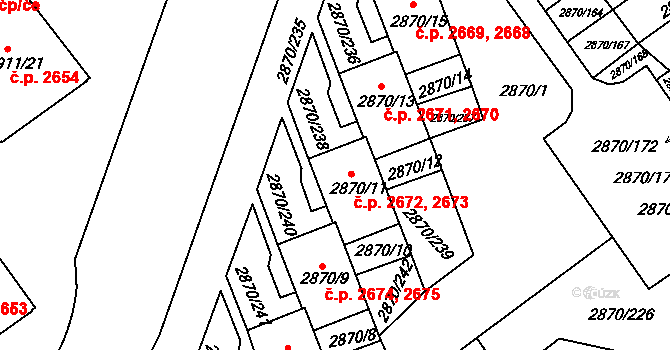 Teplice 2672,2673 na parcele st. 2870/11 v KÚ Teplice, Katastrální mapa