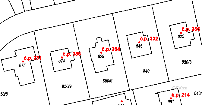 Daliměřice 364, Turnov na parcele st. 629 v KÚ Daliměřice, Katastrální mapa