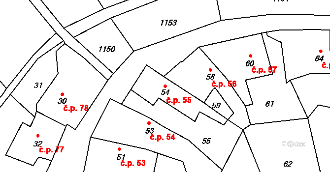 Vinoř 55, Praha na parcele st. 54 v KÚ Vinoř, Katastrální mapa