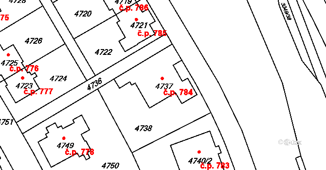 Záběhlice 784, Praha na parcele st. 4737 v KÚ Záběhlice, Katastrální mapa