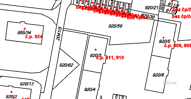 Košíře 910,911, Praha na parcele st. 920/3 v KÚ Košíře, Katastrální mapa