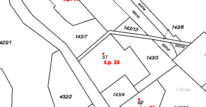 Horní Líšnice 24, Dolní Hbity na parcele st. 51 v KÚ Nepřejov, Katastrální mapa
