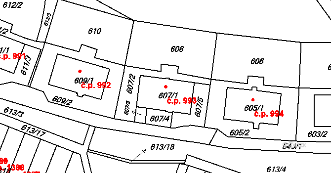 Jirkov 993 na parcele st. 607/1 v KÚ Jirkov, Katastrální mapa
