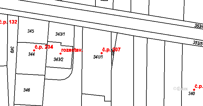 Malhostovice 207 na parcele st. 341/1 v KÚ Malhostovice, Katastrální mapa