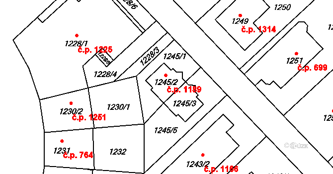Suchdol 1189, Praha na parcele st. 1245/2 v KÚ Suchdol, Katastrální mapa