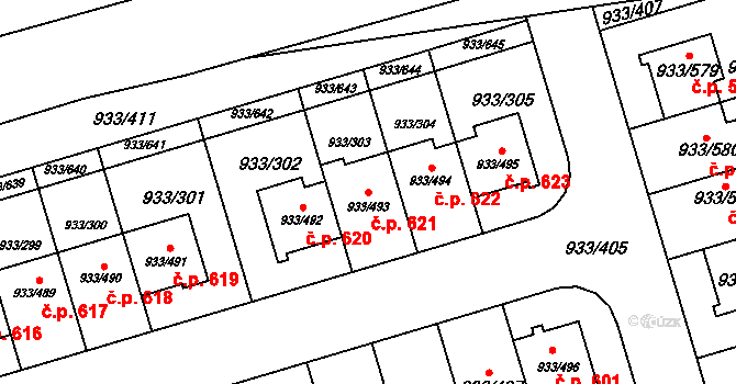 Satalice 621, Praha na parcele st. 933/493 v KÚ Satalice, Katastrální mapa