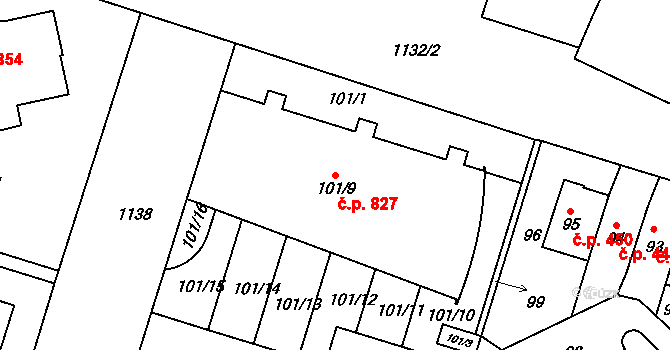 Prosek 827, Praha na parcele st. 101/9 v KÚ Prosek, Katastrální mapa