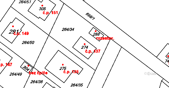 Rodvínov 137 na parcele st. 274 v KÚ Rodvínov, Katastrální mapa