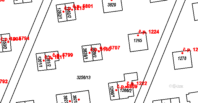 Zlín 6707 na parcele st. 3828/2 v KÚ Zlín, Katastrální mapa