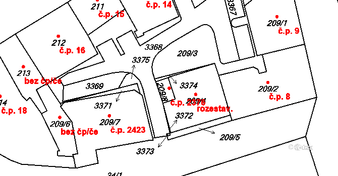 Cheb 2376 na parcele st. 209/8 v KÚ Cheb, Katastrální mapa