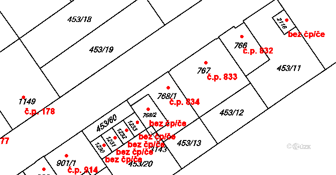 Přívoz 834, Ostrava na parcele st. 768/1 v KÚ Přívoz, Katastrální mapa