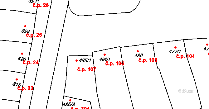 Pustiměřské Prusy 106, Pustiměř na parcele st. 484/1 v KÚ Pustiměř, Katastrální mapa