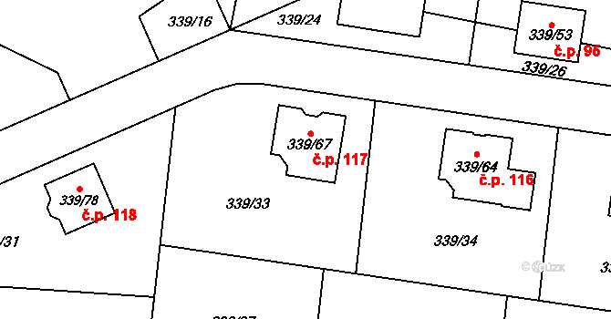 Levín 117, Králův Dvůr na parcele st. 339/67 v KÚ Levín u Berouna, Katastrální mapa