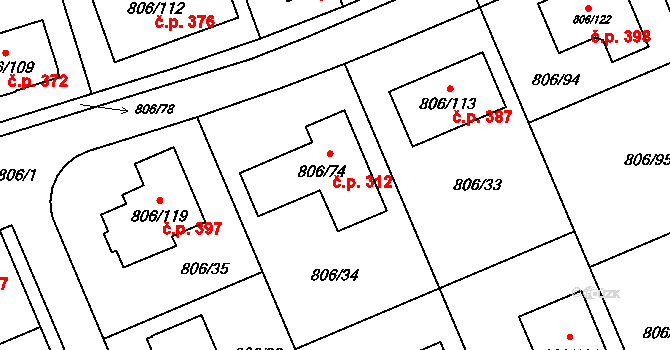 Těchov 312, Blansko na parcele st. 806/74 v KÚ Těchov, Katastrální mapa