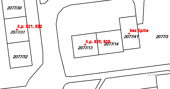Třemošná 819,820 na parcele st. 2077/14 v KÚ Třemošná, Katastrální mapa