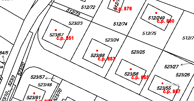 Srubec 853 na parcele st. 523/68 v KÚ Srubec, Katastrální mapa