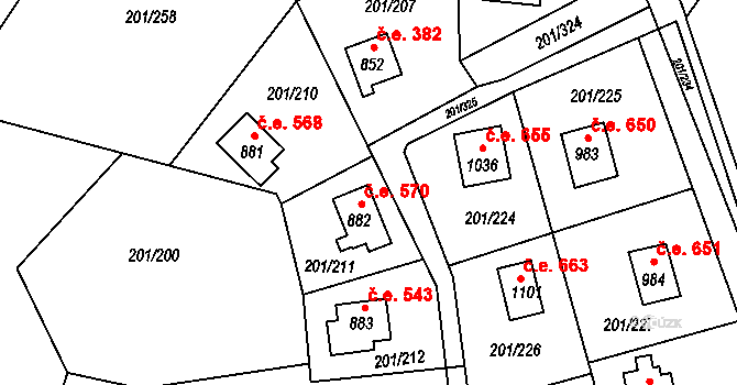 Sýkořice 570 na parcele st. 882 v KÚ Sýkořice, Katastrální mapa