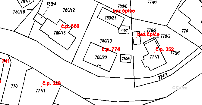 Proboštov 774 na parcele st. 780/20 v KÚ Proboštov u Teplic, Katastrální mapa