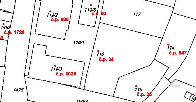 Roztoky 34 na parcele st. 116 v KÚ Roztoky u Prahy, Katastrální mapa