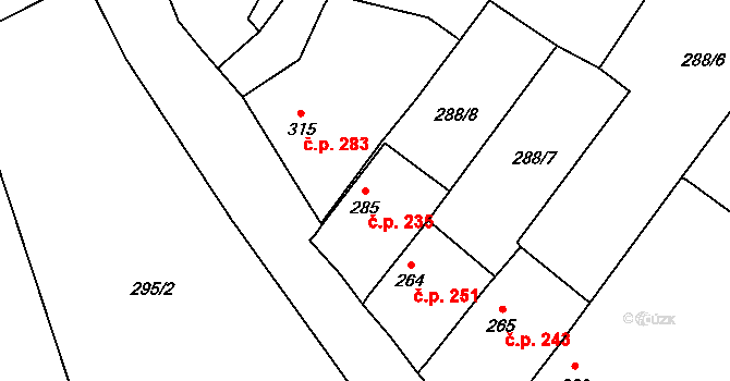 Dašice 235 na parcele st. 285 v KÚ Dašice, Katastrální mapa