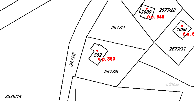 Kunčice pod Ondřejníkem 383 na parcele st. 502 v KÚ Kunčice pod Ondřejníkem, Katastrální mapa