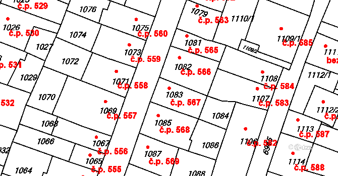 Boskovice 567 na parcele st. 1083 v KÚ Boskovice, Katastrální mapa