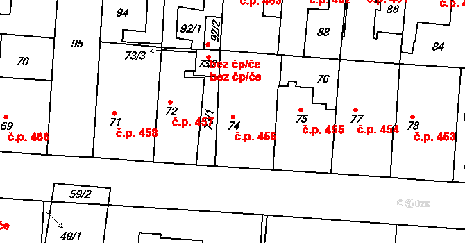 Kosmonosy 456 na parcele st. 74 v KÚ Kosmonosy, Katastrální mapa