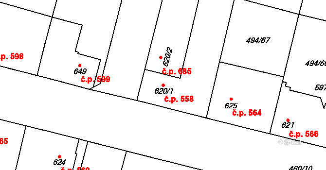 Libochovice 558 na parcele st. 620/1 v KÚ Libochovice, Katastrální mapa