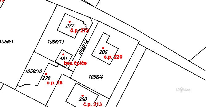 Roztoky u Jilemnice 220 na parcele st. 208 v KÚ Roztoky u Jilemnice, Katastrální mapa