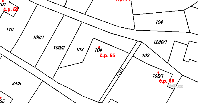Vojice 55, Podhorní Újezd a Vojice na parcele st. 104 v KÚ Vojice, Katastrální mapa