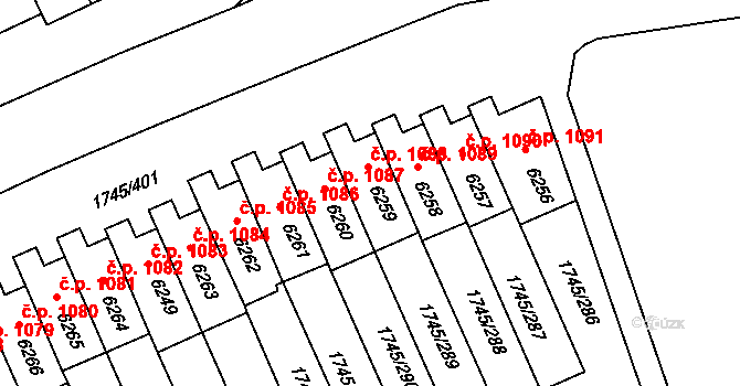 Nové Dvory 1088, Třebíč na parcele st. 6259 v KÚ Třebíč, Katastrální mapa