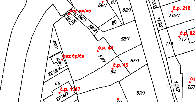 Komín 44, Brno na parcele st. 57/1 v KÚ Komín, Katastrální mapa