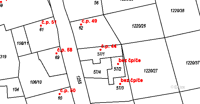 Konětopy 44, Pnětluky na parcele st. 57/1 v KÚ Konětopy u Pnětluk, Katastrální mapa