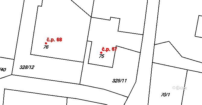 Hříběcí 67, Horní Cerekev na parcele st. 75 v KÚ Hříběcí, Katastrální mapa