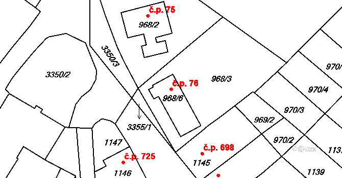 Pelhřimov 76 na parcele st. 968/6 v KÚ Pelhřimov, Katastrální mapa