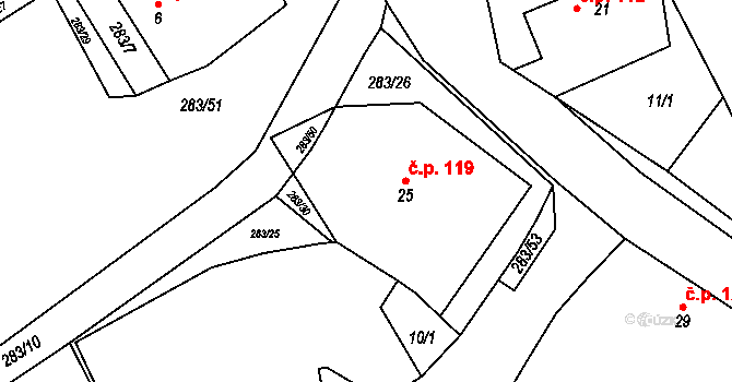 Nupaky 119 na parcele st. 25 v KÚ Nupaky, Katastrální mapa