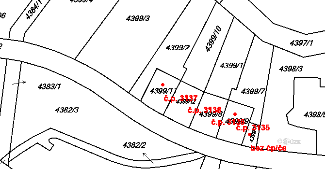 Smíchov 3137, Praha na parcele st. 4399/11 v KÚ Smíchov, Katastrální mapa