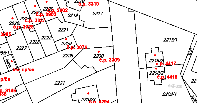 Chomutov 3309 na parcele st. 2230 v KÚ Chomutov II, Katastrální mapa