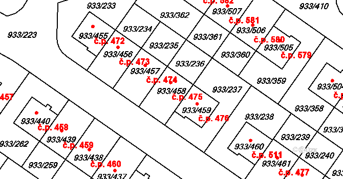 Satalice 475, Praha na parcele st. 933/458 v KÚ Satalice, Katastrální mapa