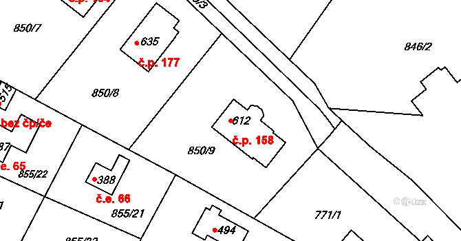 Tehovec 158 na parcele st. 612 v KÚ Tehovec, Katastrální mapa