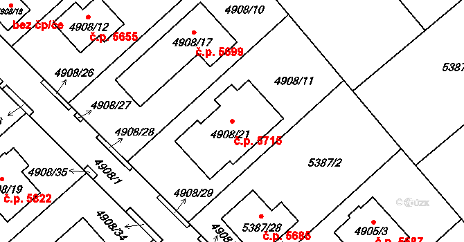 Chomutov 5715 na parcele st. 4908/21 v KÚ Chomutov I, Katastrální mapa