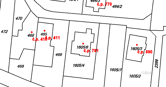 Kobeřice 751 na parcele st. 1605/6 v KÚ Kobeřice ve Slezsku, Katastrální mapa