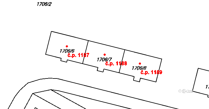 Hlučín 1188 na parcele st. 1706/7 v KÚ Hlučín, Katastrální mapa