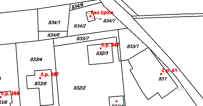 Srubec 847 na parcele st. 832/3 v KÚ Srubec, Katastrální mapa