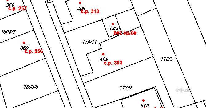 Zbiroh 303 na parcele st. 405 v KÚ Zbiroh, Katastrální mapa