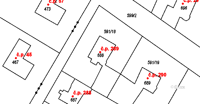 Broumov 289 na parcele st. 688 v KÚ Broumov, Katastrální mapa