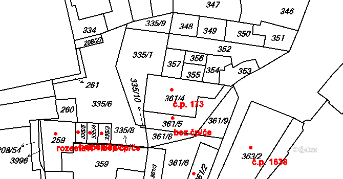 Holešov 173 na parcele st. 361/4 v KÚ Holešov, Katastrální mapa