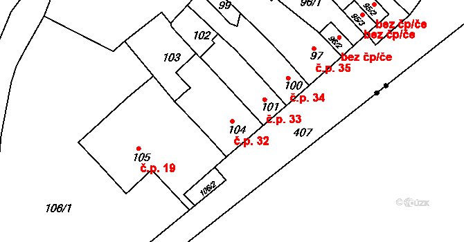 Přerov IX-Lýsky 32, Přerov na parcele st. 104 v KÚ Lýsky, Katastrální mapa
