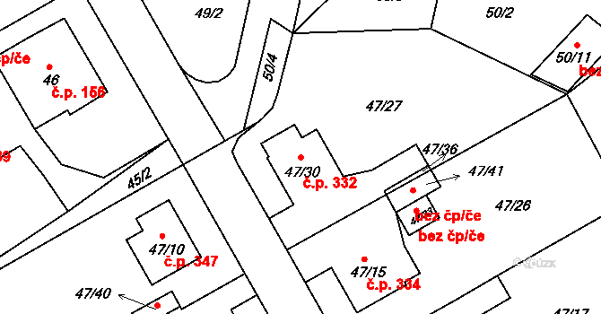 Lyžbice 332, Třinec na parcele st. 47/30 v KÚ Lyžbice, Katastrální mapa